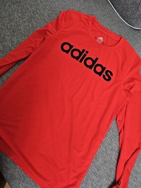 adidas Red Long-Sleeve Logo Performance Tee